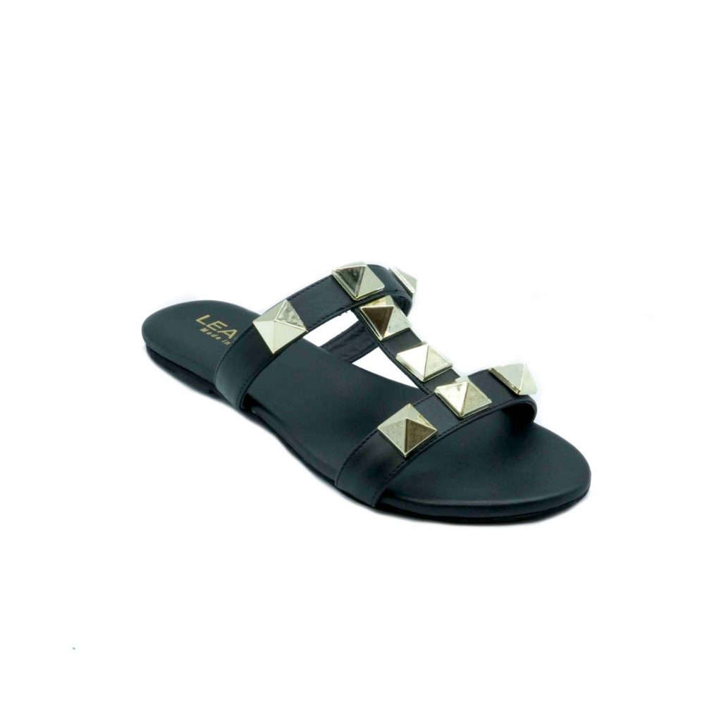 Lea Gu ciabattina in nappa, fascia frontale con borchie a piramide oro, tacco 0,5 mm Acquista Ora