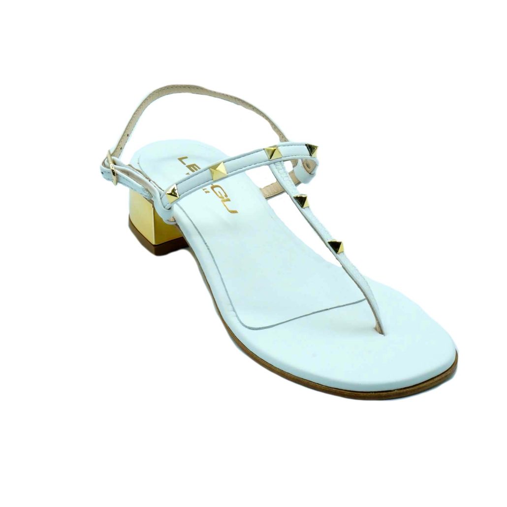 Lea Gu sandalo infradito in nappa, borchie frontali, allacciatura posteriore, tacco color oro 30mm Promozione