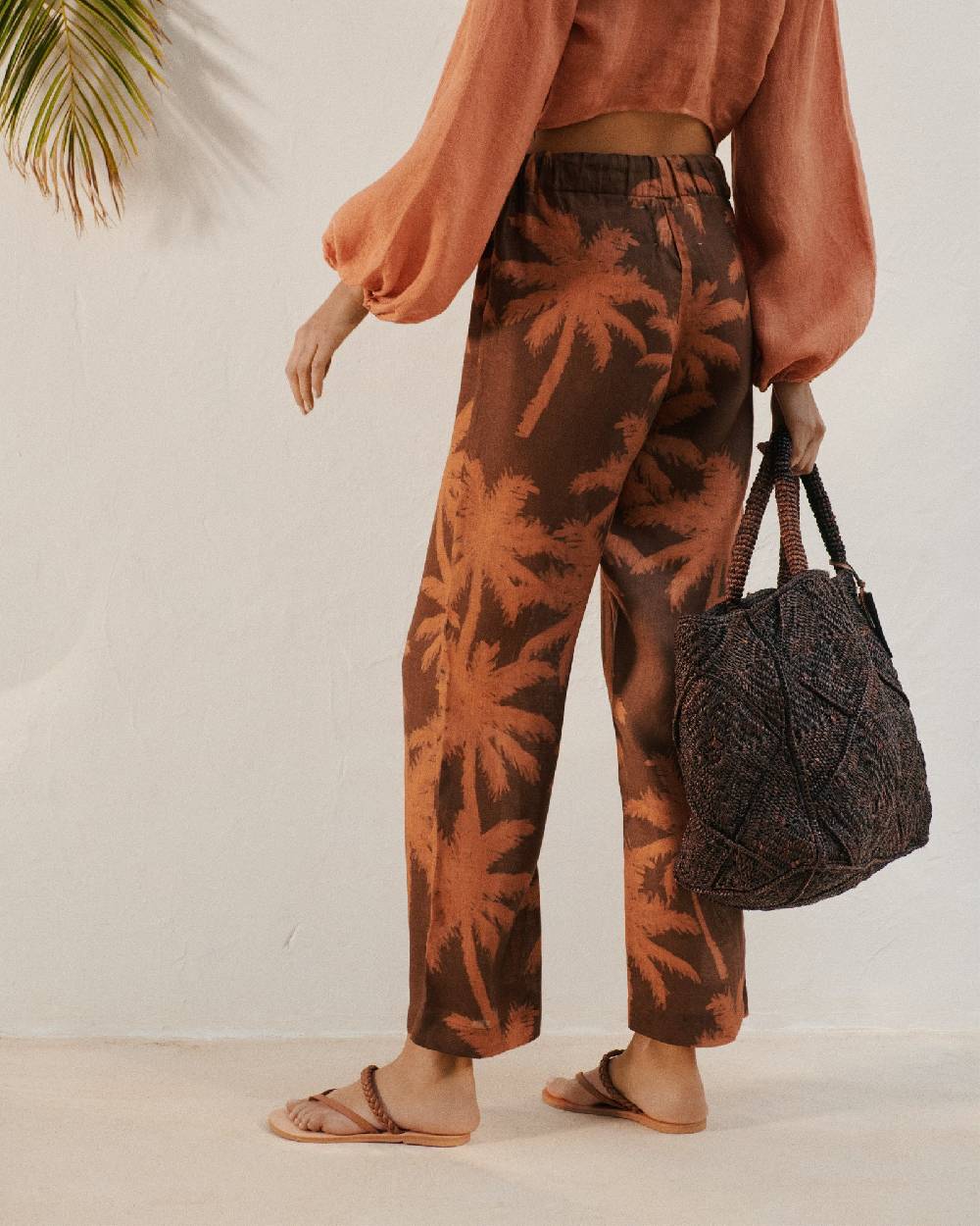 Manebí Printed Linen Belem Trousers - Cocoa And Orange Rust Maxi Palm Fino Al -60%