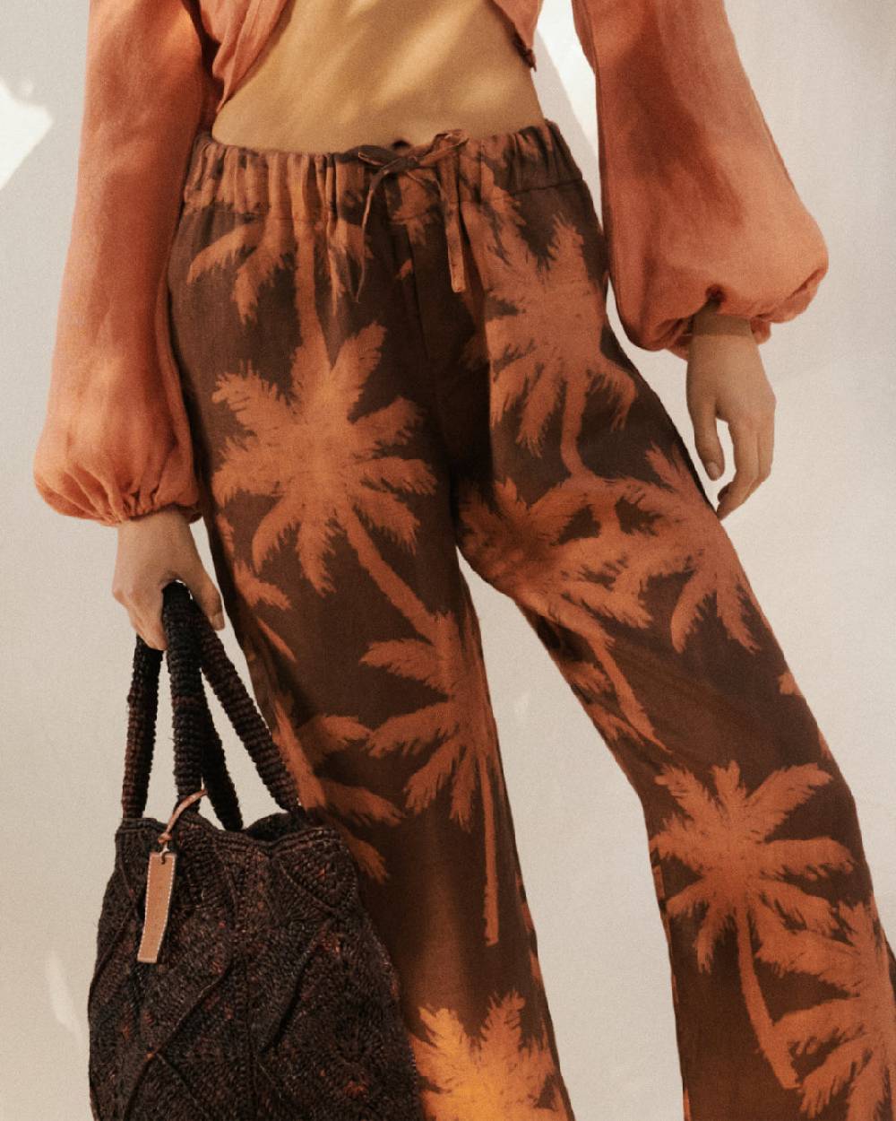 Manebí Printed Linen Belem Trousers - Cocoa And Orange Rust Maxi Palm Fino Al -60%