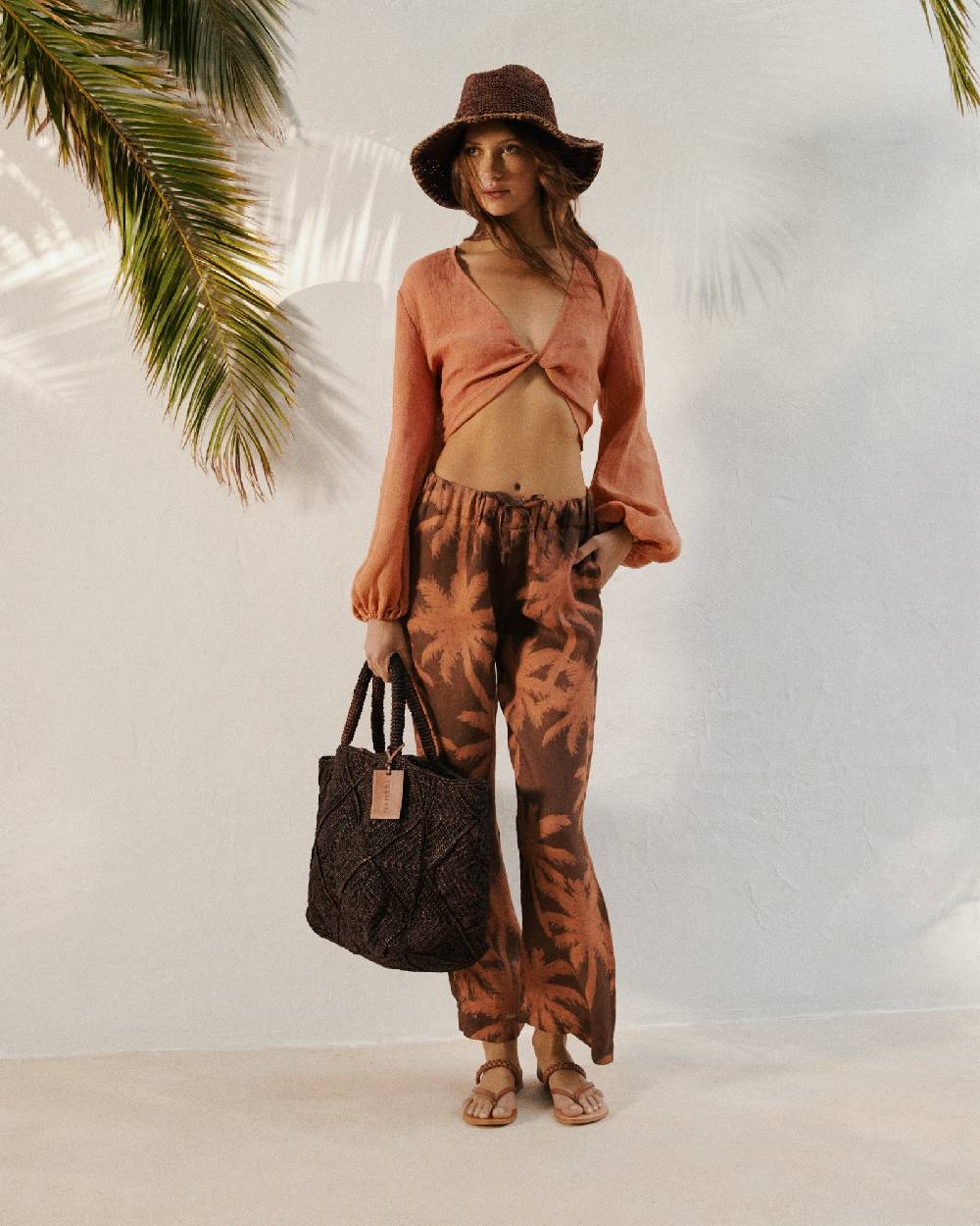 Manebí Printed Linen Belem Trousers - Cocoa And Orange Rust Maxi Palm Fino Al -60%