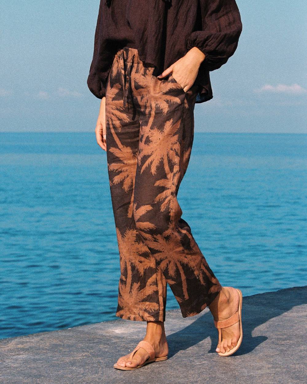 Manebí Printed Linen Belem Trousers - Cocoa And Orange Rust Maxi Palm Fino Al -60%