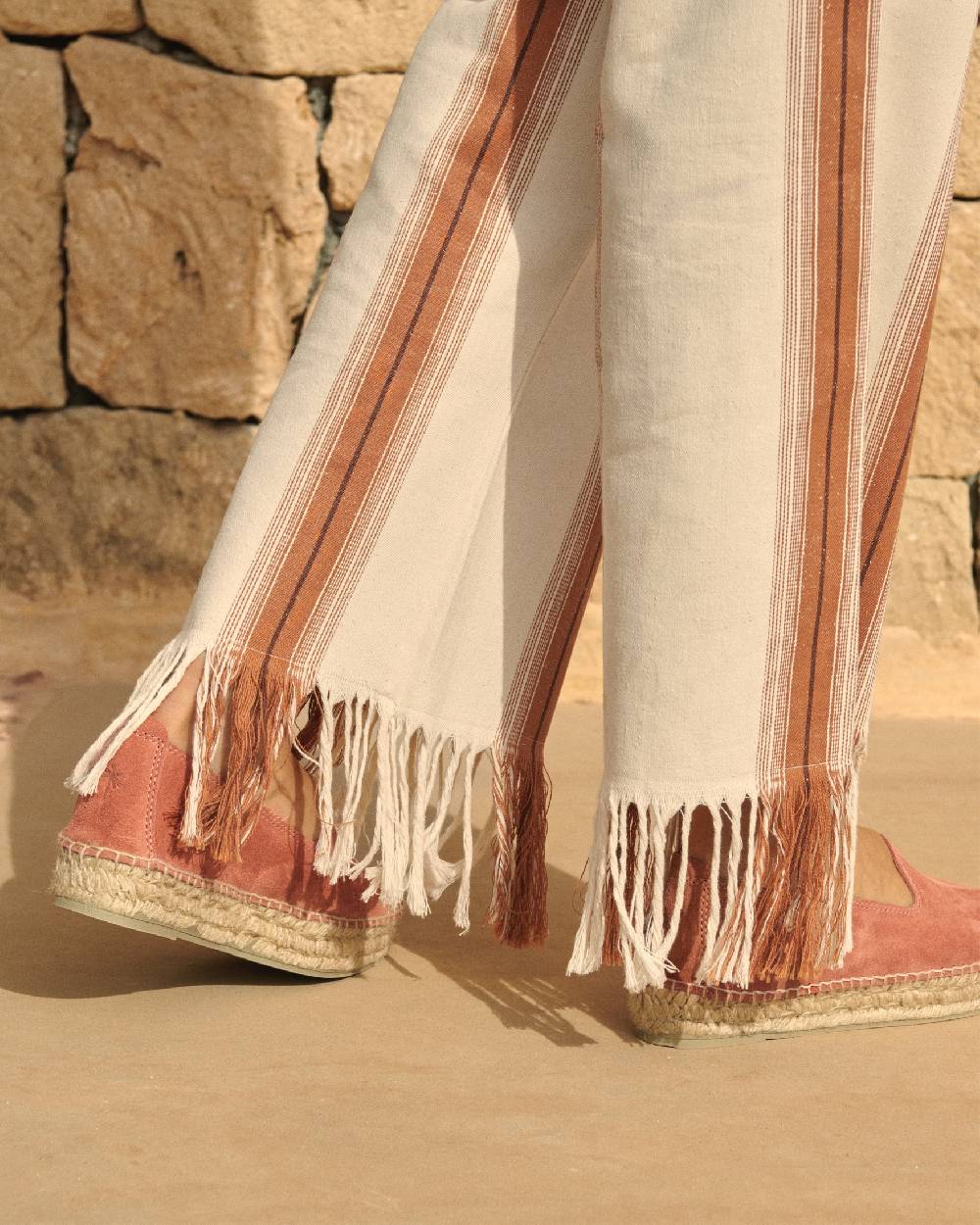 Manebí Cotton-Silk Blend Belem Trousers - Eggnog \u0026 Rust Stripes And Fringes Affare Del Giorno