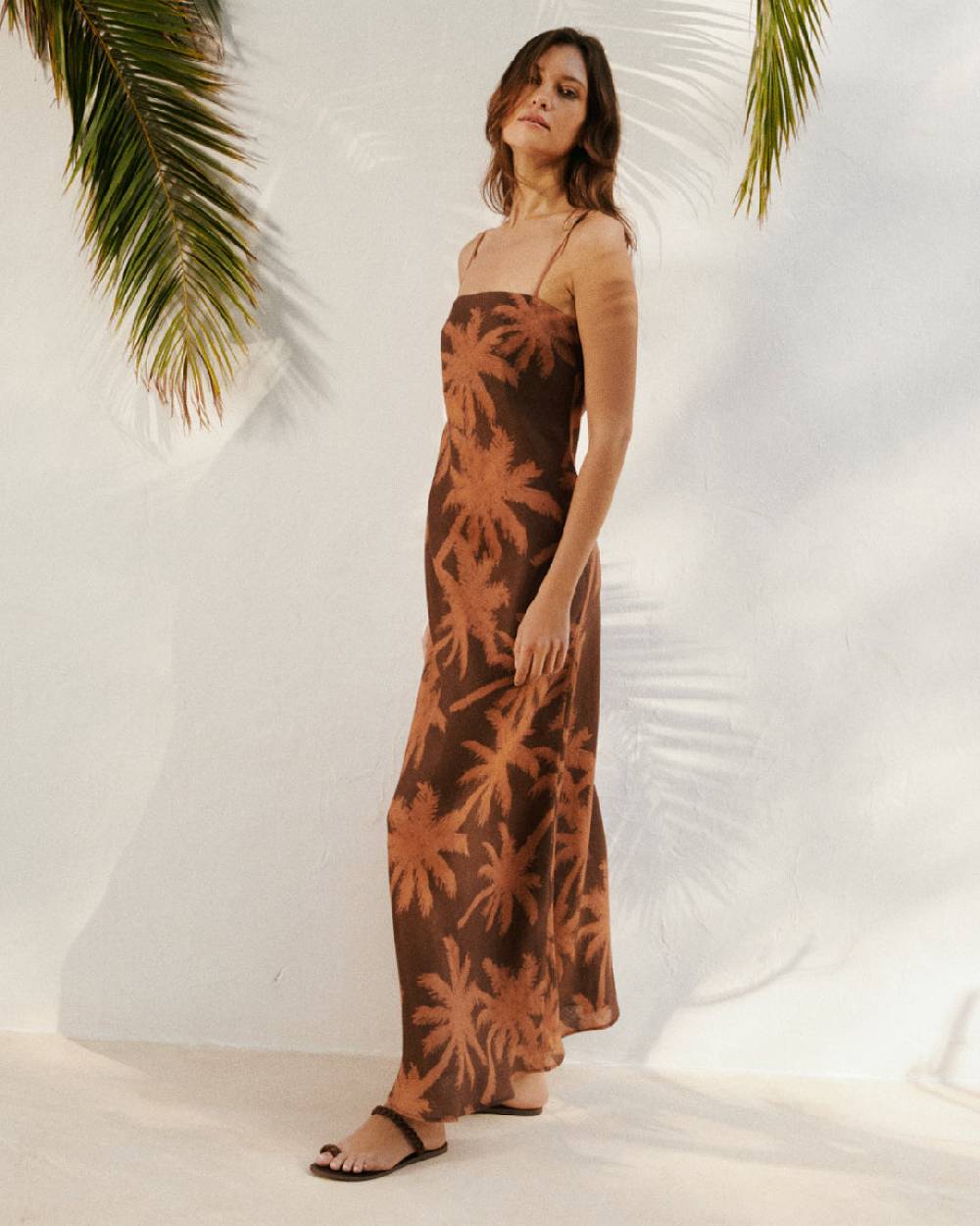 Manebí Printed Linen Cuzco Dress - Cocoa And Orange Rust Maxi Palm Outlet
