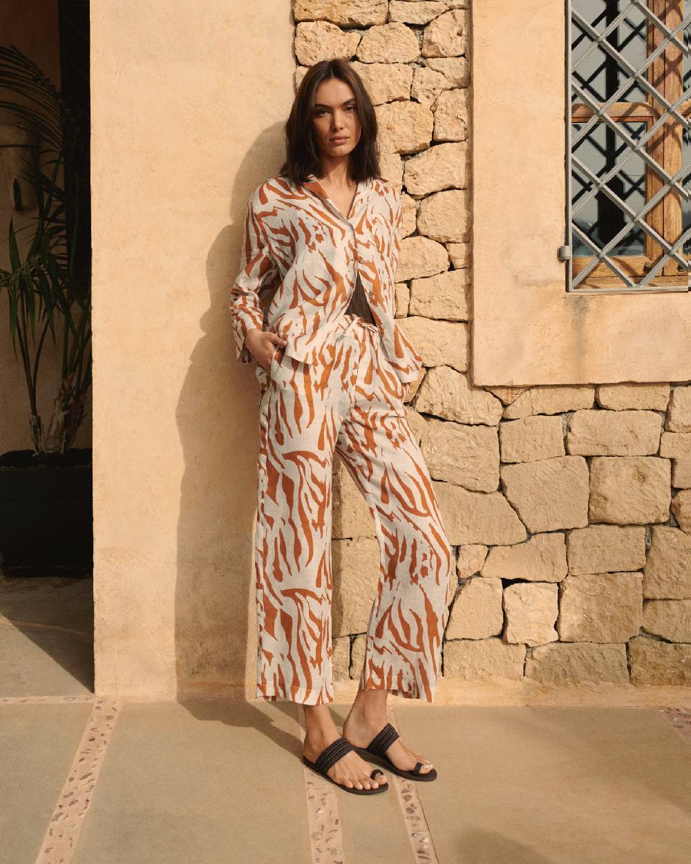 Manebí Printed Linen Belem Trousers - Eggnog \u0026 Orange Rust Zebra Vendita Calda