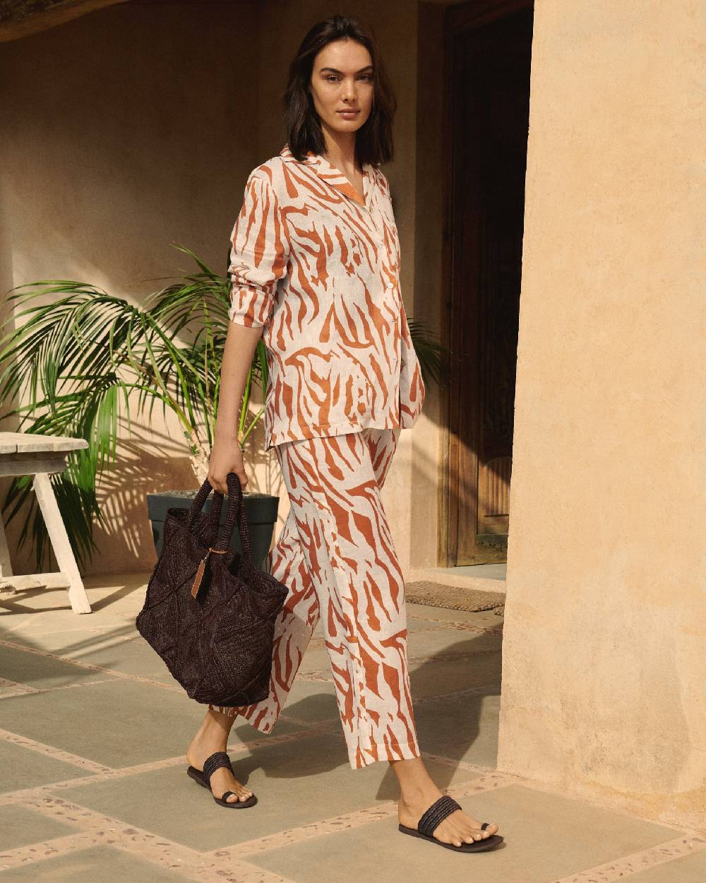 Manebí Printed Linen Belem Trousers - Eggnog \u0026 Orange Rust Zebra Vendita Calda