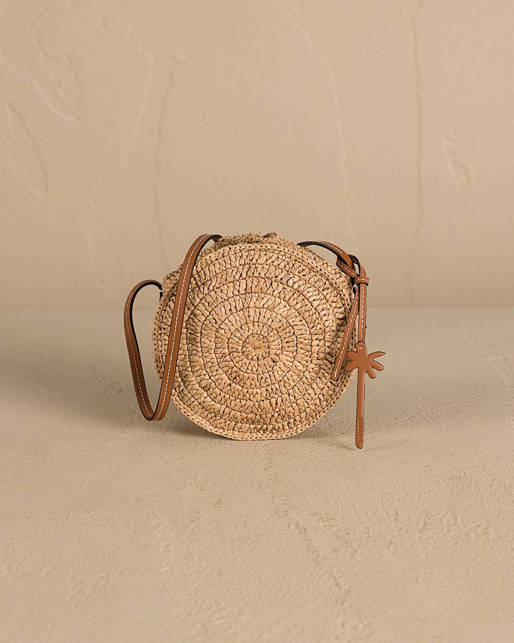 Manebí Raffia \u0026 Leather|Tamburine Bag Mini - Tan \u0026 Brown Italia