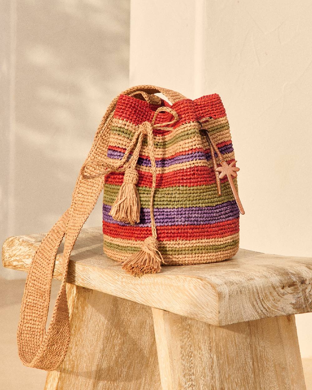 Manebí Raffia Beach Bucket - Rust Tan Mineral Green Summer Purple Stripes Acquista Ora