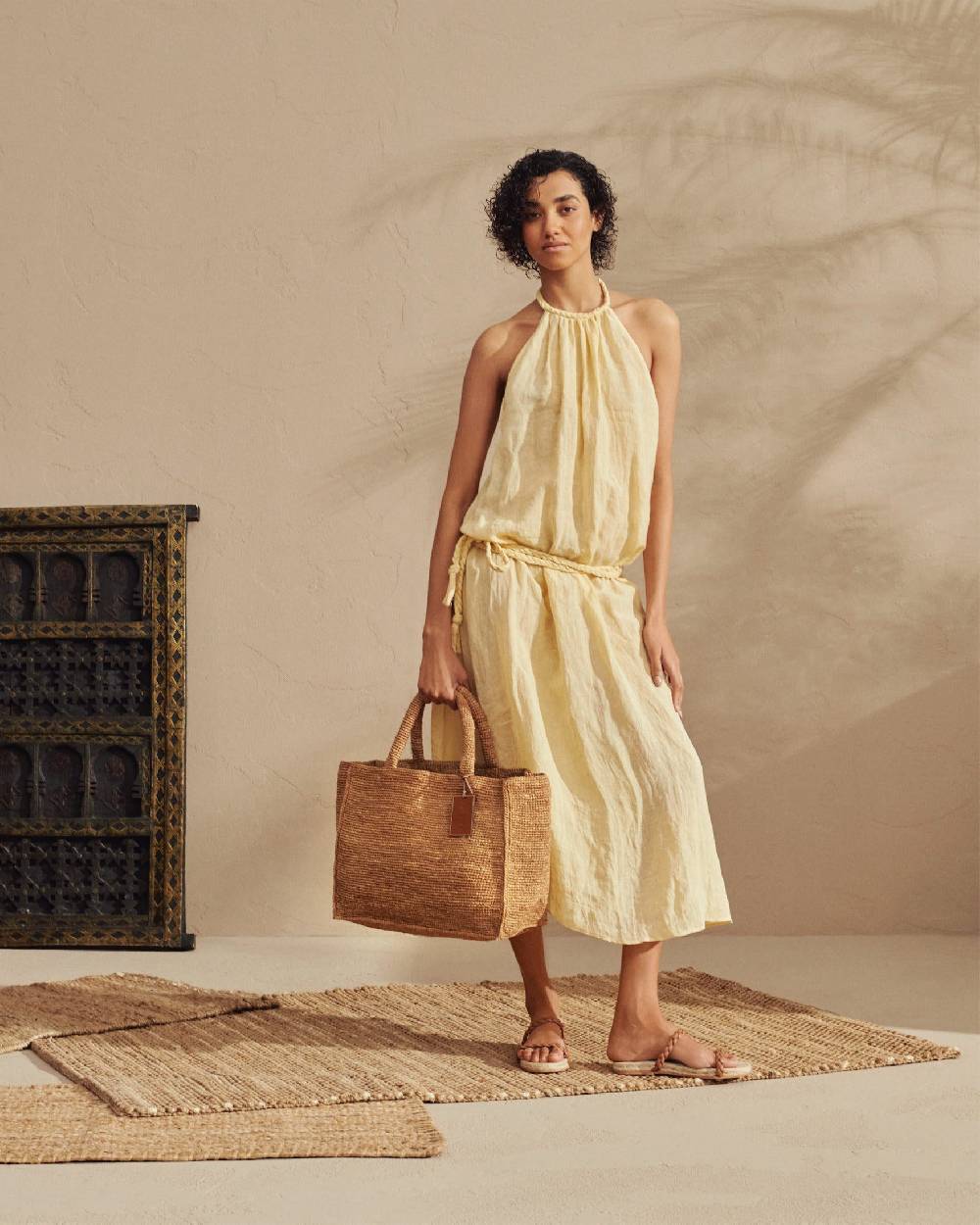 Manebí Raffia Sunset Bag Large - Leather Tag Tan Convenienza