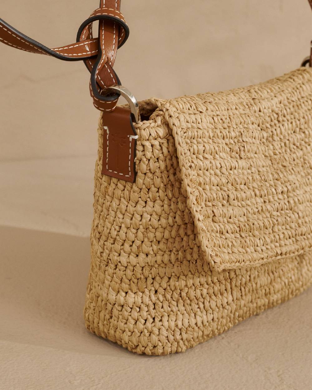 Manebí Raffia Summer Night Bag Medium - Leather Handle \u0026 Palm Leather Tag Natural and Brown Sconto