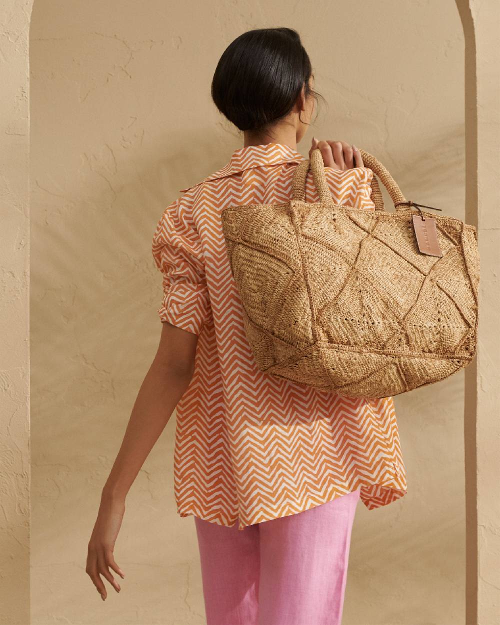 Manebí Raffia Crochet Sunset Bag Large - Tan Economico