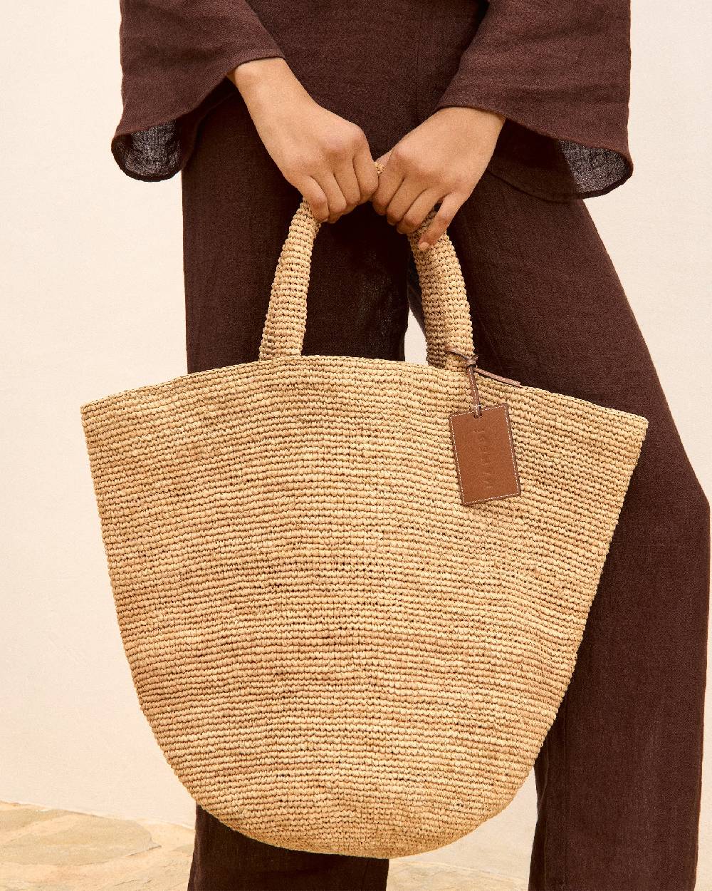 Manebí Raffia Summer Bag - Leather Handle \u0026 Palm Leather Tag Tan Outlet
