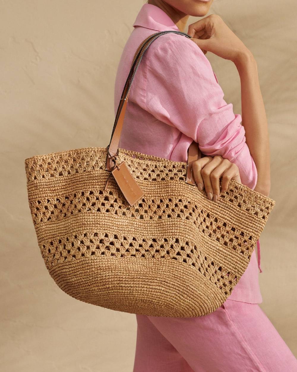 Manebí Weaving Raffia \u0026 Leather Basket Bag - Leather Tag Vendita Calda