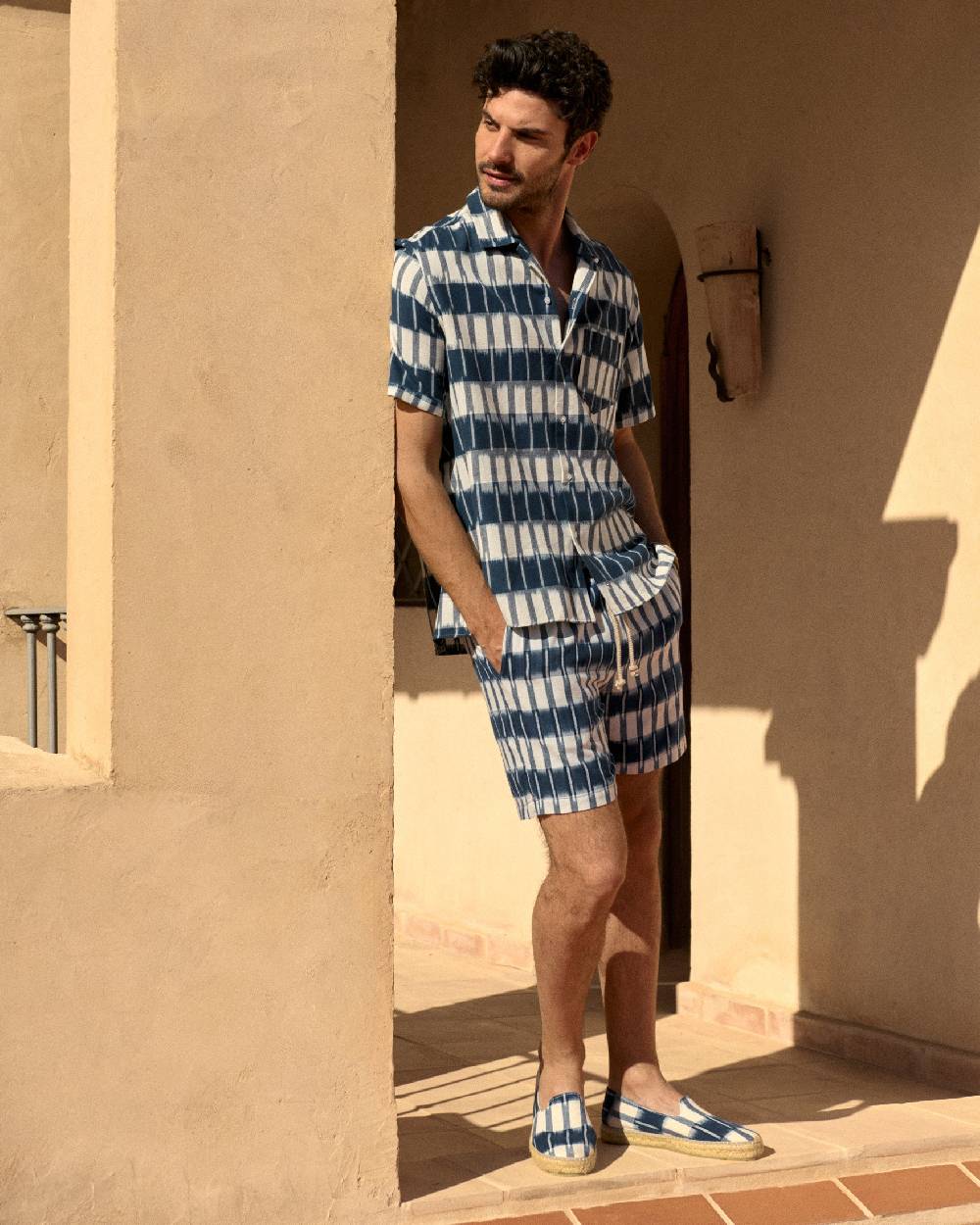 Manebí Dyed Cotton|Havana Camp-Collar Shirt - Navy Blue \u0026 Indigo Pattern 2025