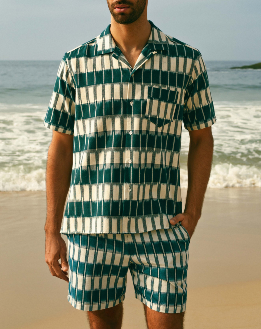 Manebí Dyed Cotton|Havana Camp-Collar Shirt - Navy Blue \u0026 Indigo Pattern 2025