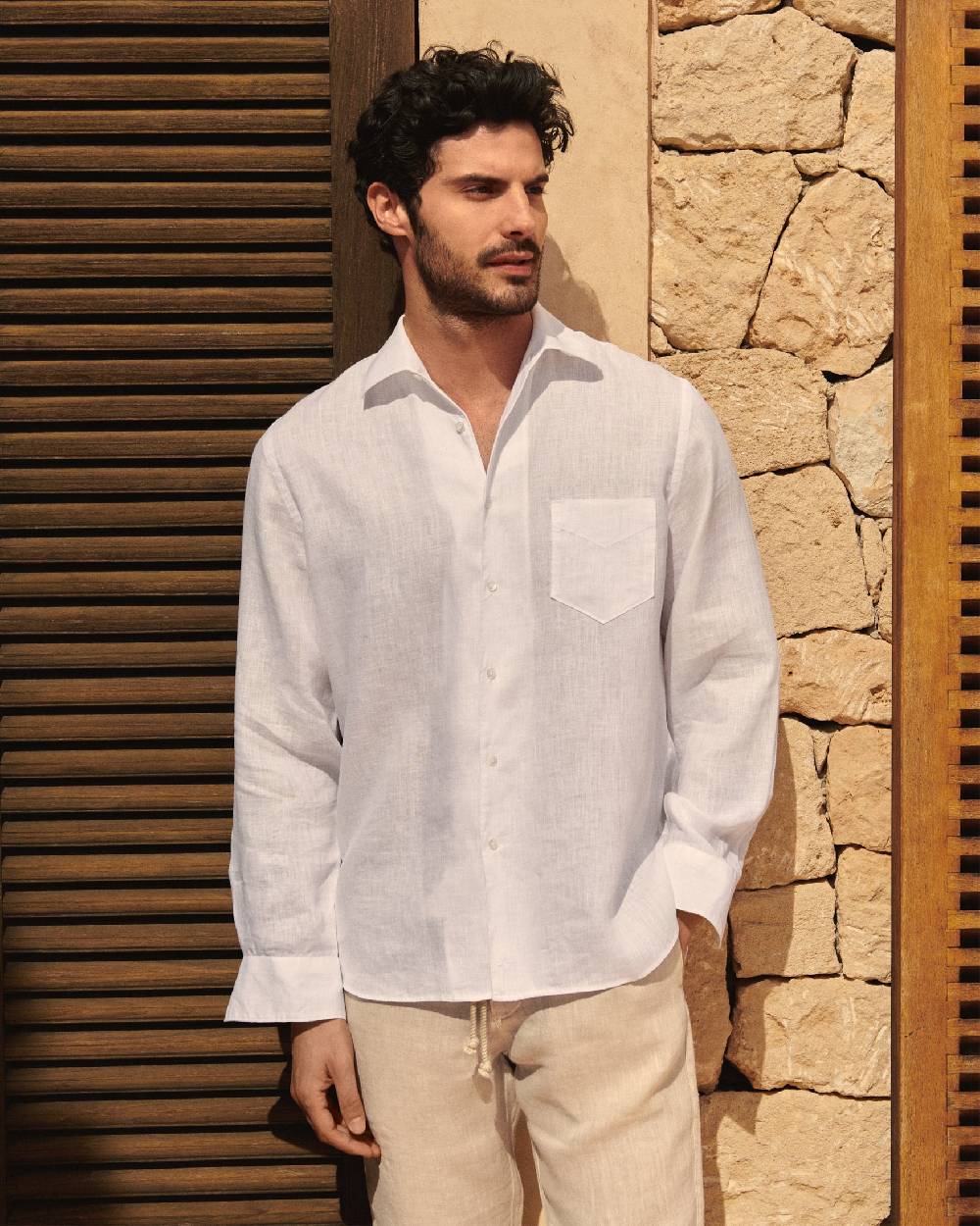 Manebí Linen Panama Shirt - Embroidered Palm White Nuovo