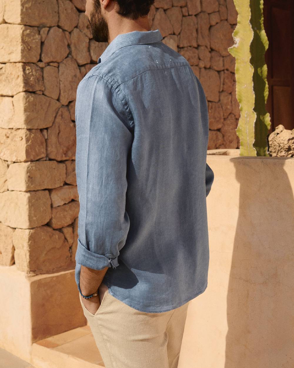 Manebí Washed Linen Panama Shirt - Embroidered Palm Navy Blue Negozi Online