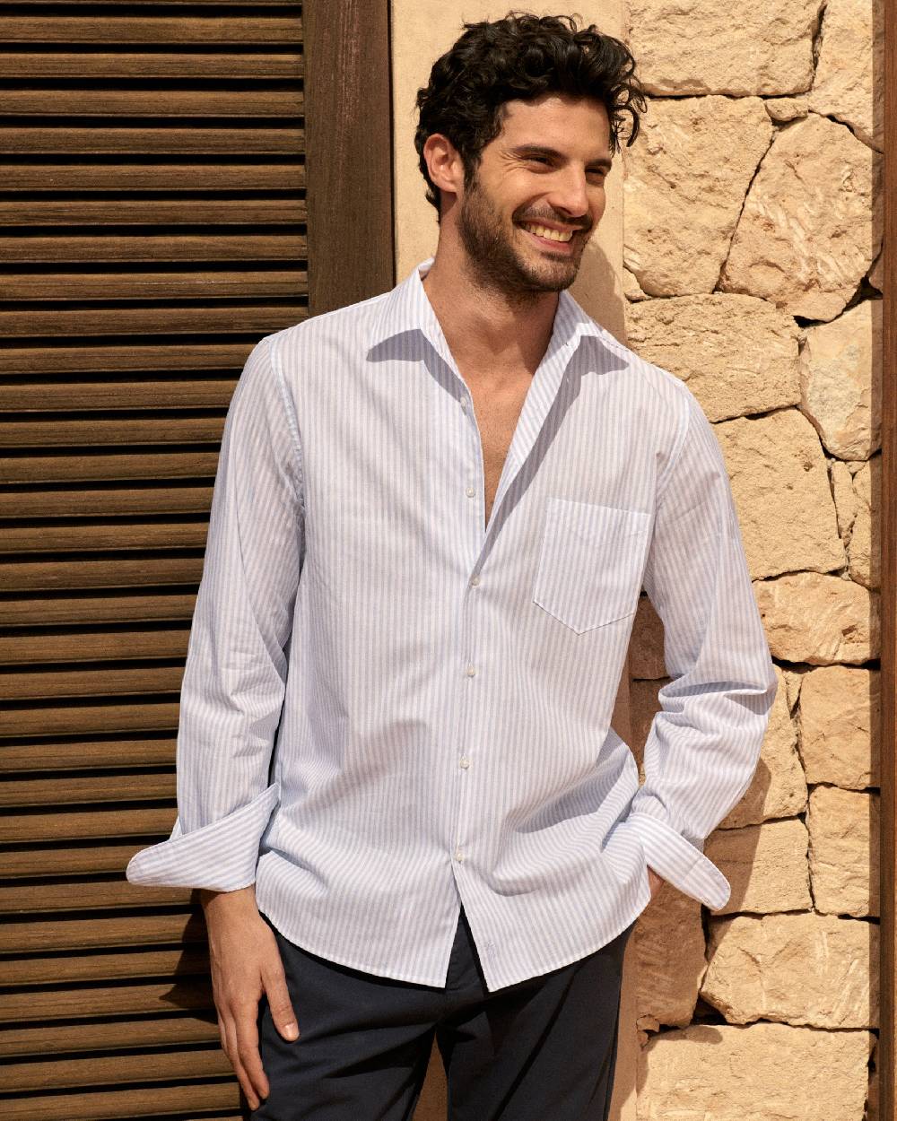 Manebí Poplin Panama Shirt - Light Blue \u0026 White Watercolor Stripes Sottocosto