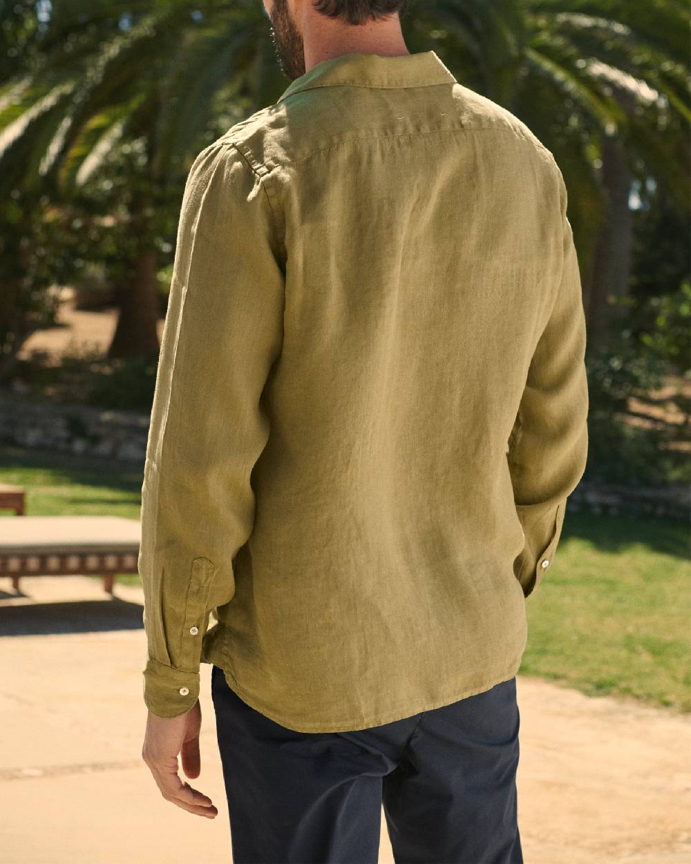 Manebí Linen Panama Shirt - Embroidered Palm Kaki Green Sconto