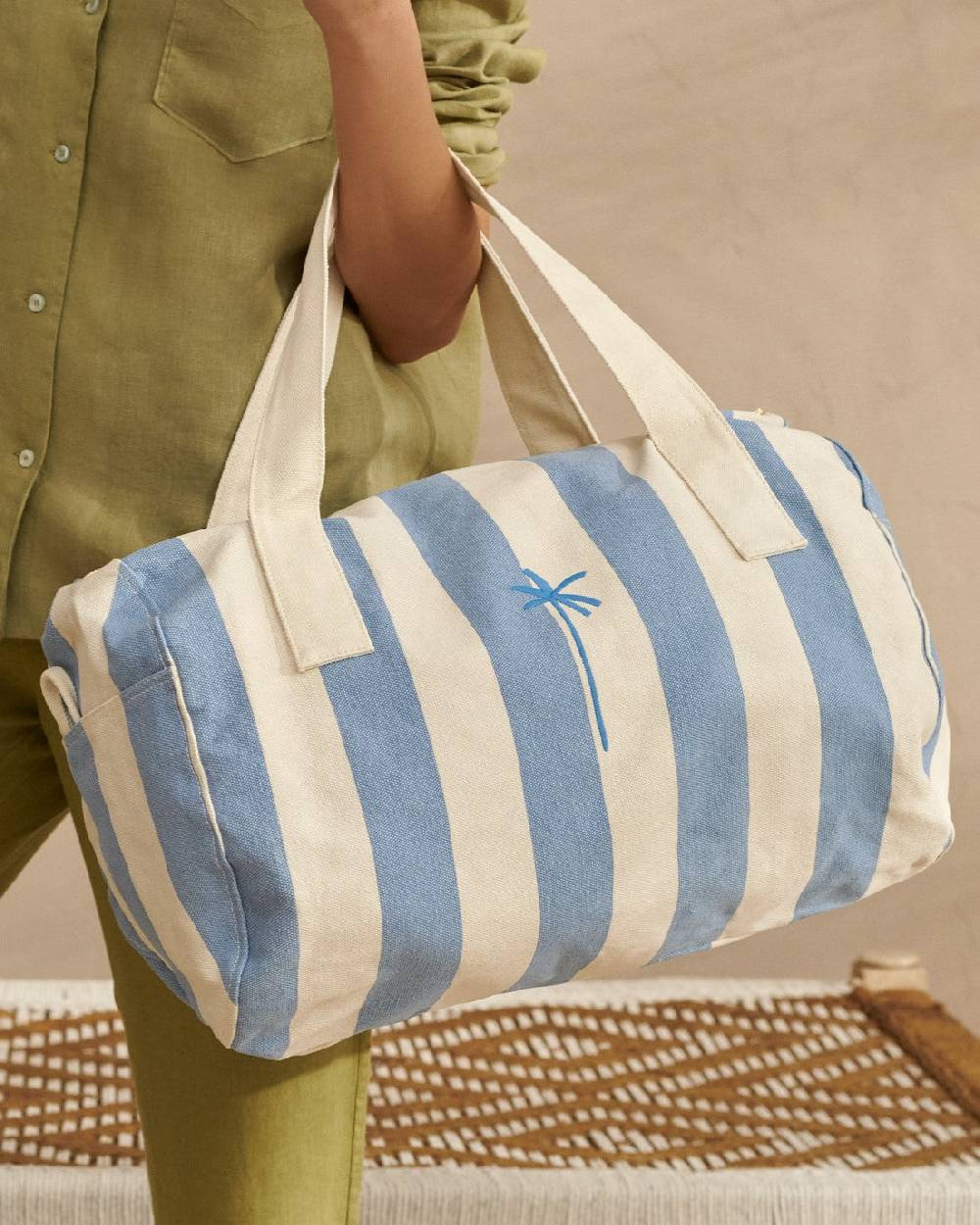 Manebí Canvas Weekend Bag - Embroidered Logo White and Indigo Stripes Italia