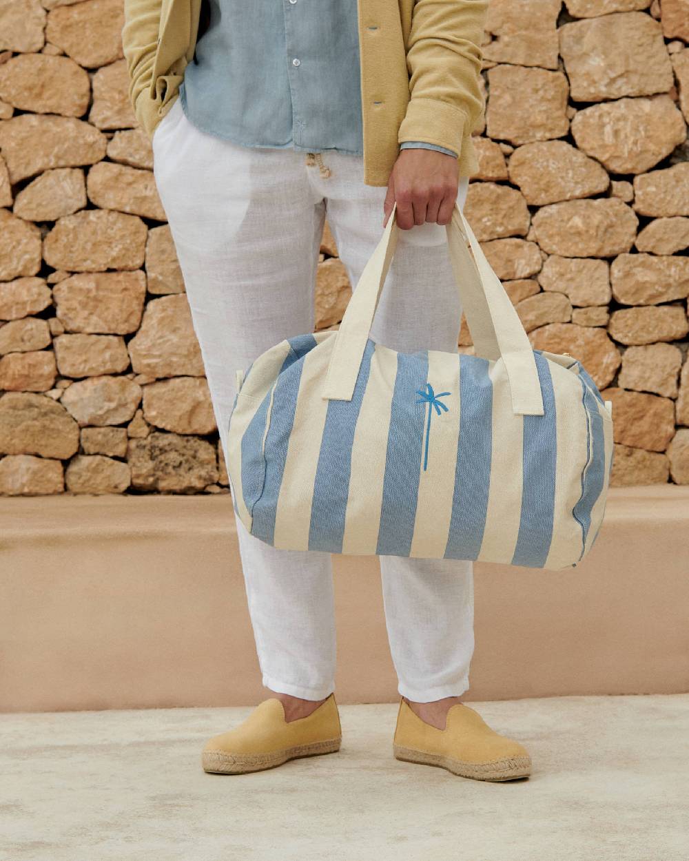 Manebí Canvas Weekend Bag - Embroidered Logo White and Indigo Stripes Italia