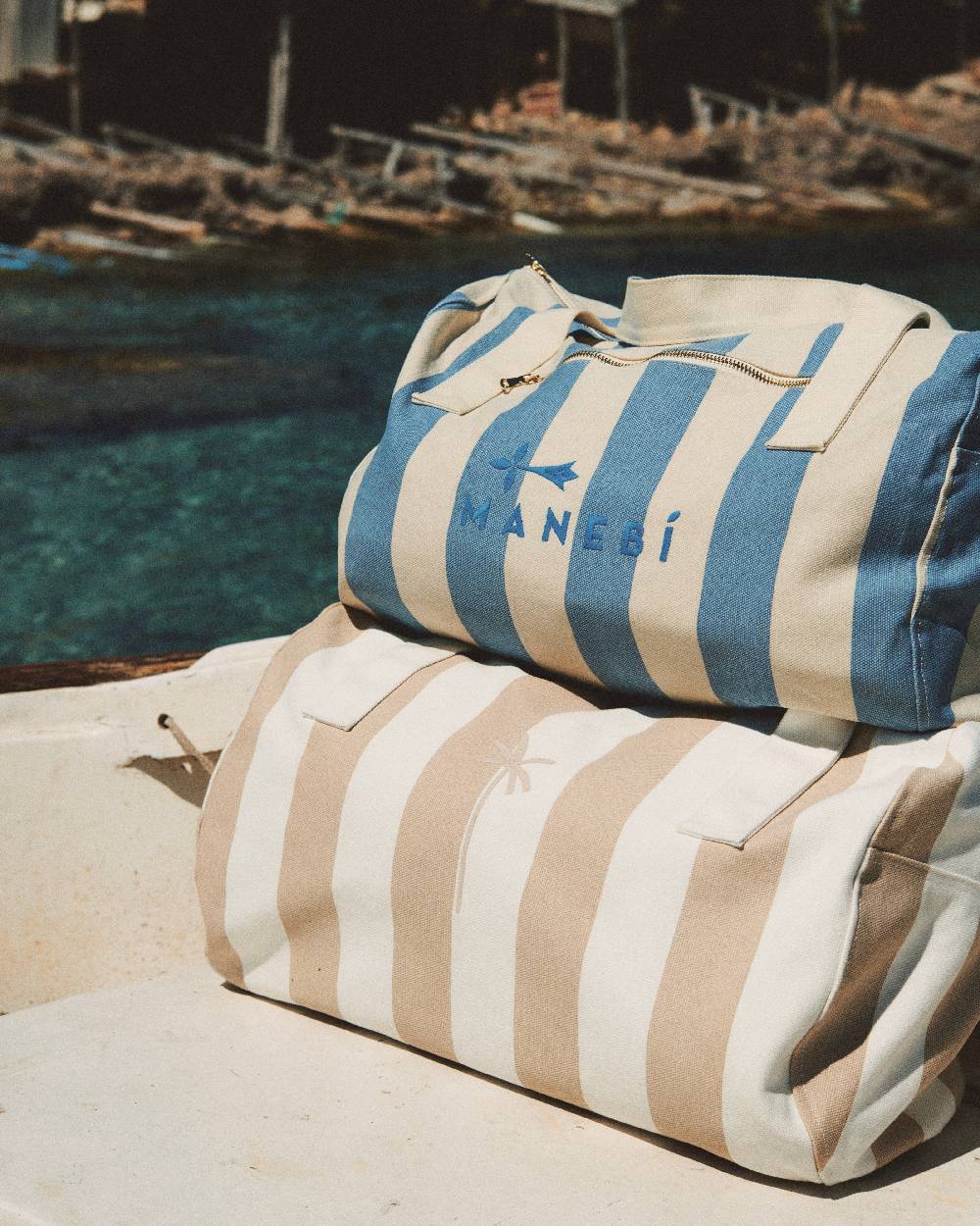 Manebí Canvas Weekend Bag - Embroidered Logo White and Indigo Stripes Italia