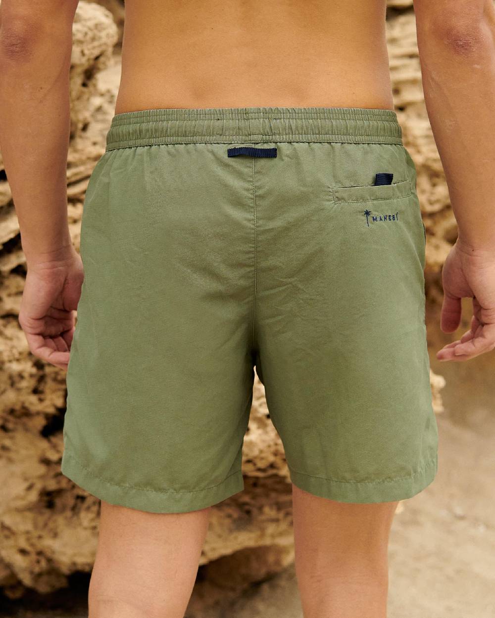 Manebí Solid Color Swim Shorts - Stone Washed Faded Kaki Green Outlet