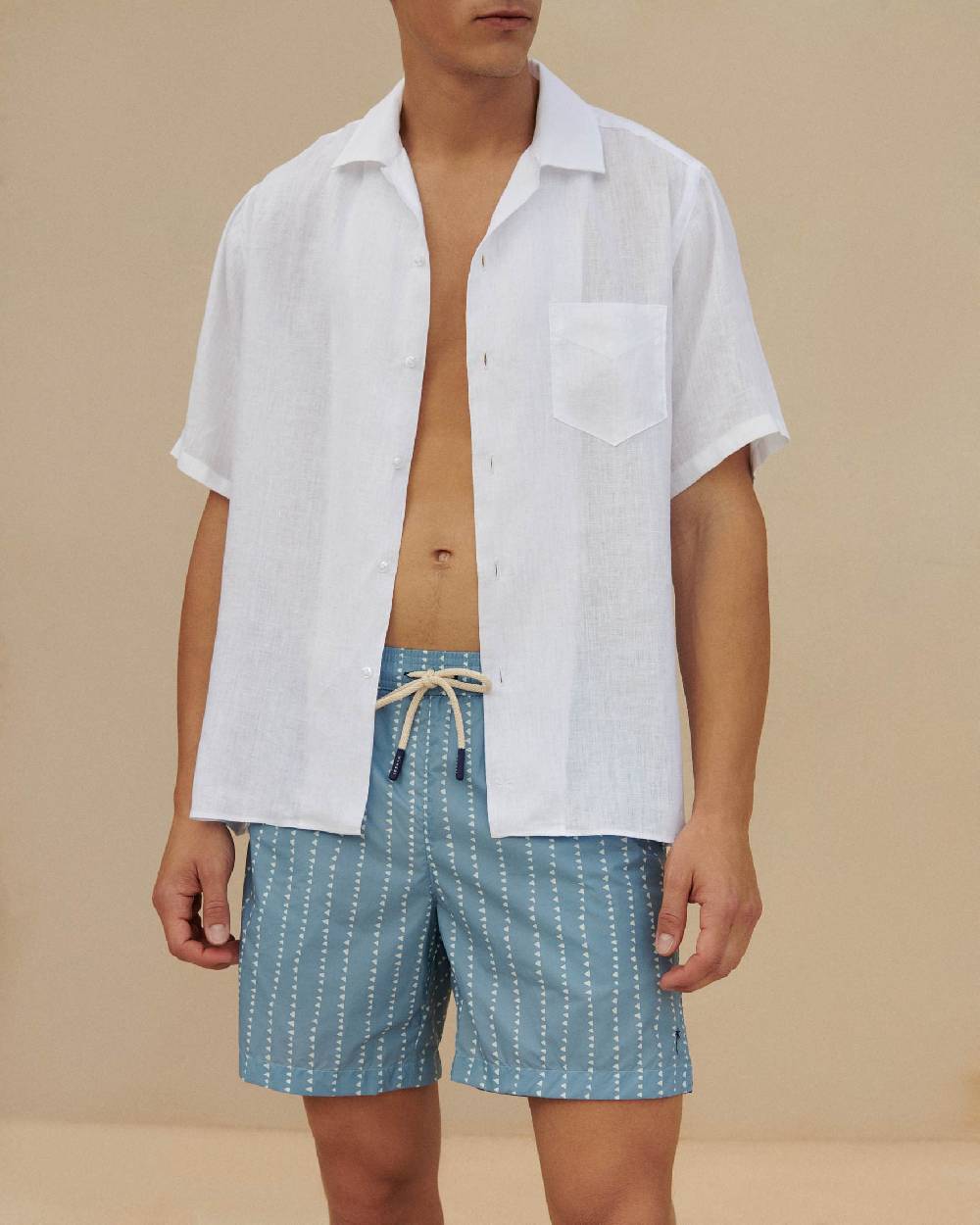 Manebí Printed Swim Shorts - Indigo with White Linear Triangles Vendita Economica