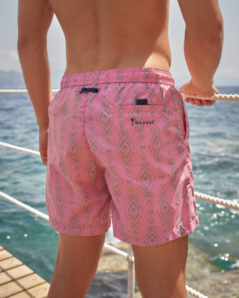 Manebí Printed Ikat With Palm Swim Shorts - Recycled Ultra Light Antique Rose Kaki Ikat W Palm In Saldo