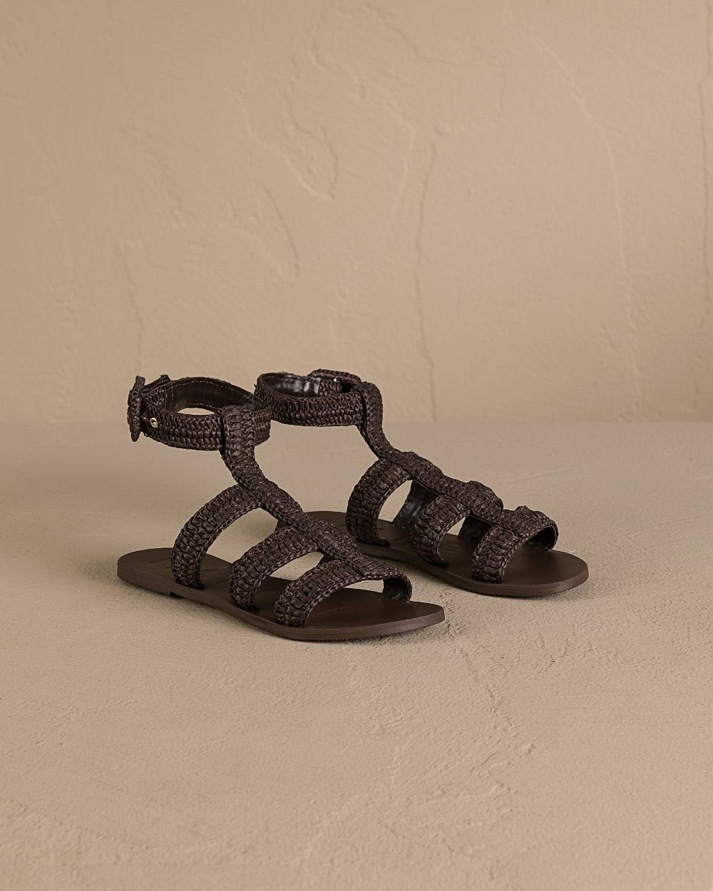 Manebí Raffia Stripes Gladiator|Leather Sandals - Cocoa Spedizione Gratuita