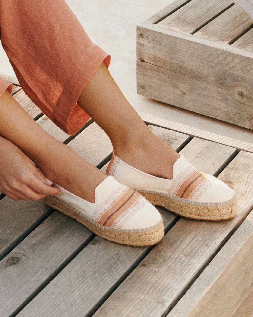 Manebí Cotton Linen And Silk Raw Fabric|Double Sole Espadrilles - Rust Macro Stripe Consegna Veloce