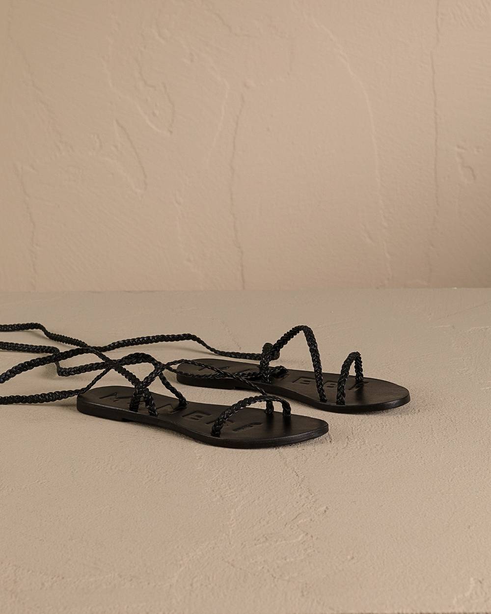 Manebí Leather Sandals - Canyon Black Tie-Up Multi Braid Bands Presa