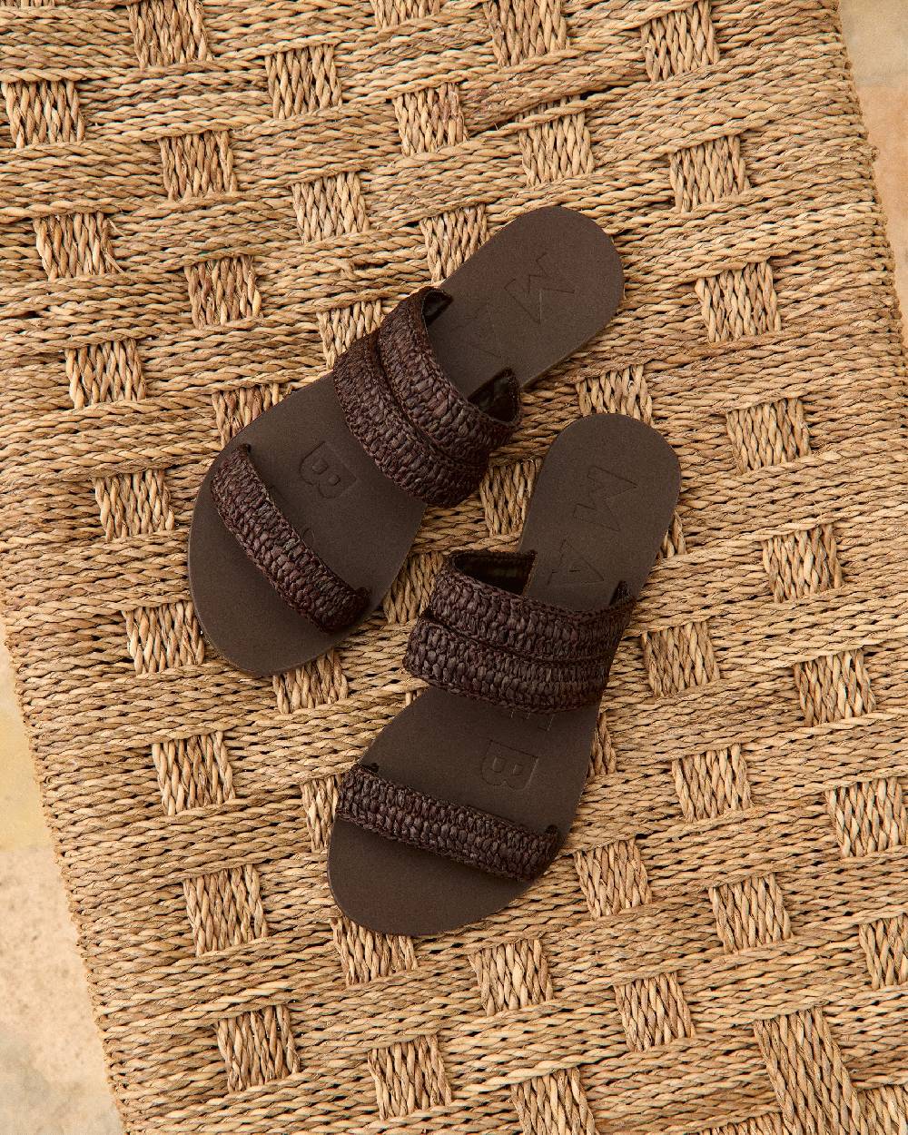Manebí Raffia Stripes Leather|Three Bands Sandals - Cocoa In Vendita