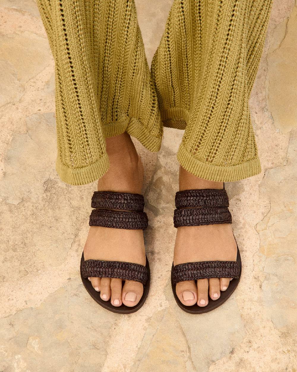 Manebí Raffia Stripes Leather|Three Bands Sandals - Cocoa In Vendita