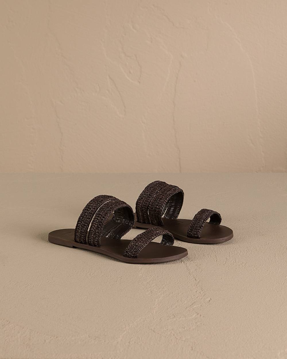 Manebí Raffia Stripes Leather|Three Bands Sandals - Cocoa In Vendita