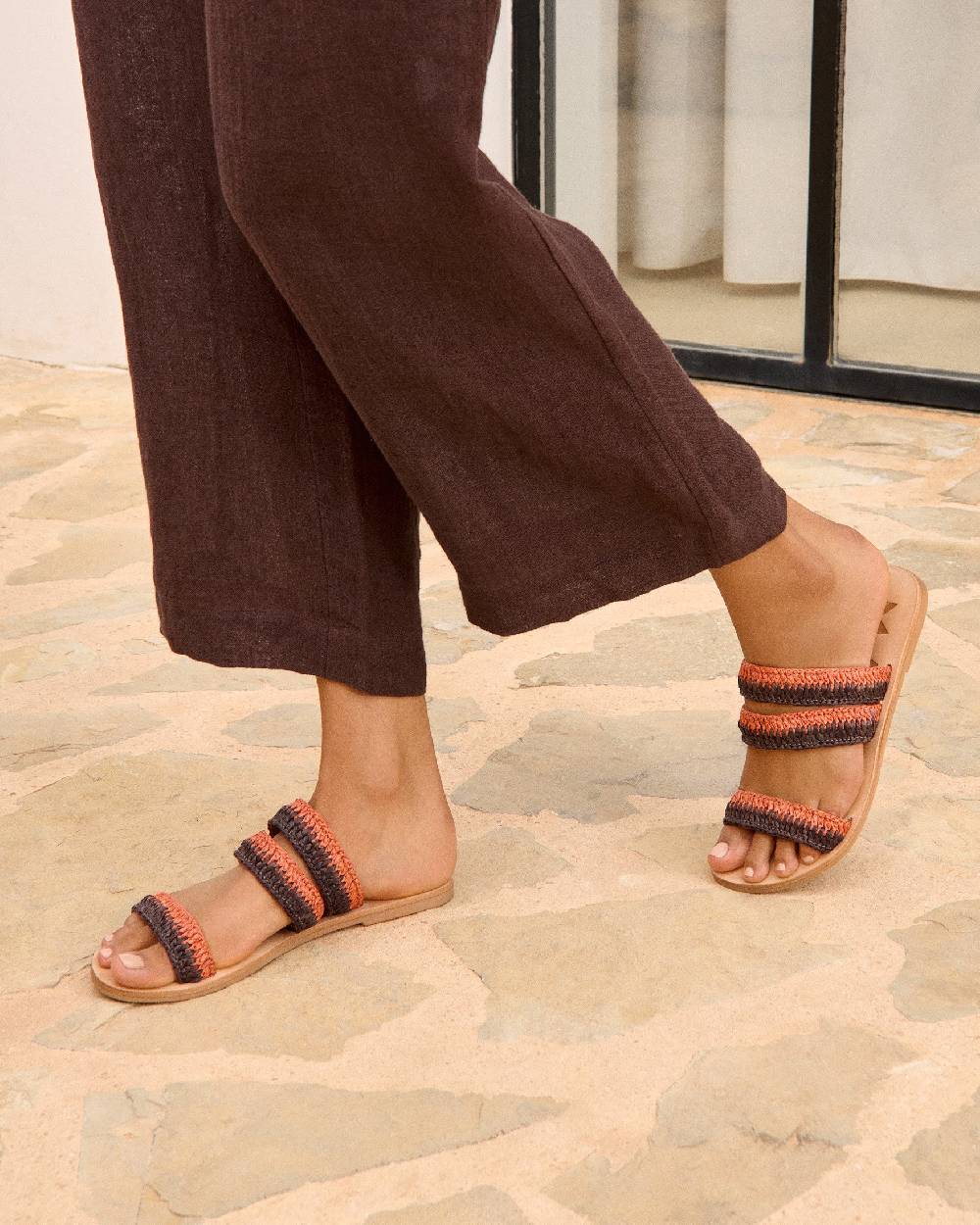Manebí Raffia Stripes Leather|Three Bands Sandals - Orange Rust \u0026 Cocoa Hotsell