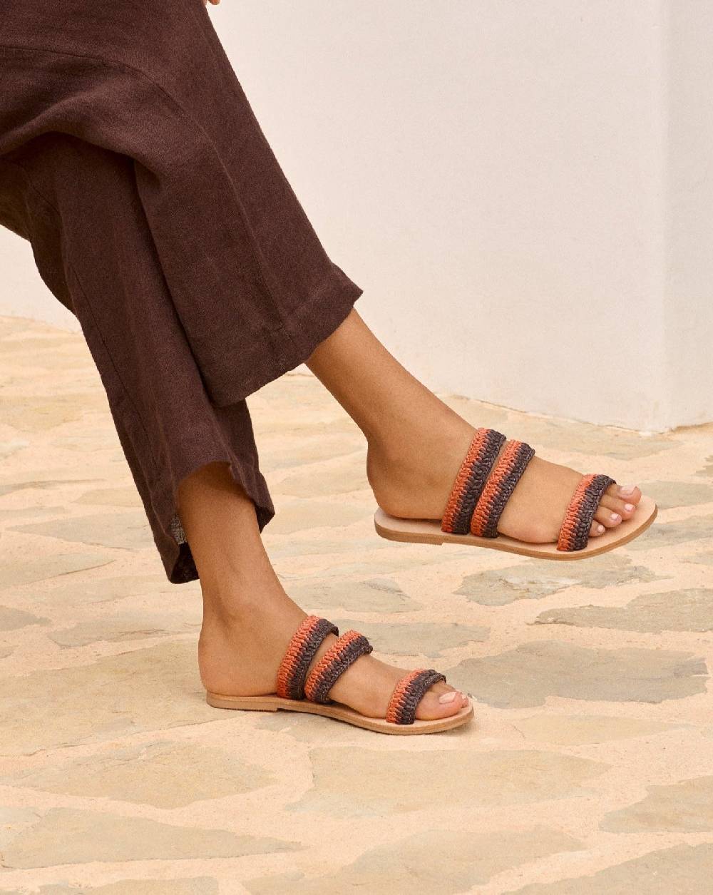 Manebí Raffia Stripes Leather|Three Bands Sandals - Orange Rust \u0026 Cocoa Hotsell