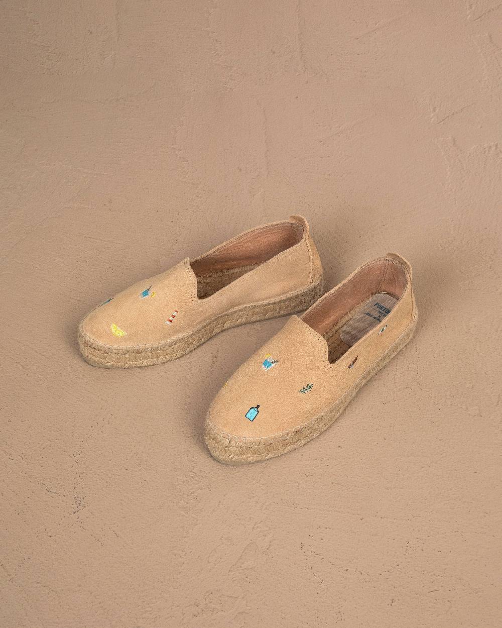 Manebí Espadrillas con Platform in Pelle Scamosciata - Portofino Dry Gin X Manebí Champagne Beige con Ricami Multicolor Soddisfazione Garantita
