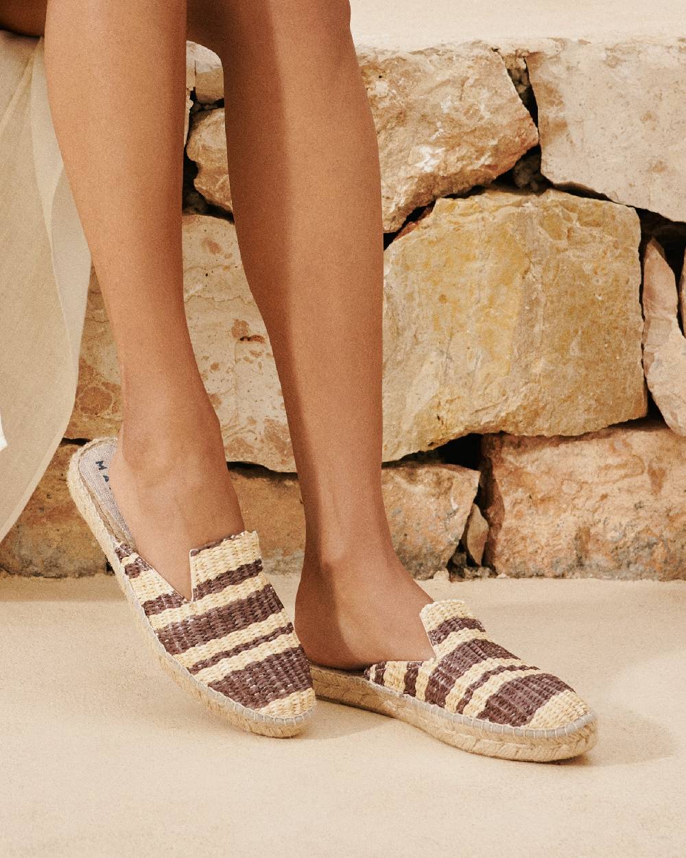 Manebí Raffia Stripes Mules - Cocoa \u0026 Natural Negozi Online