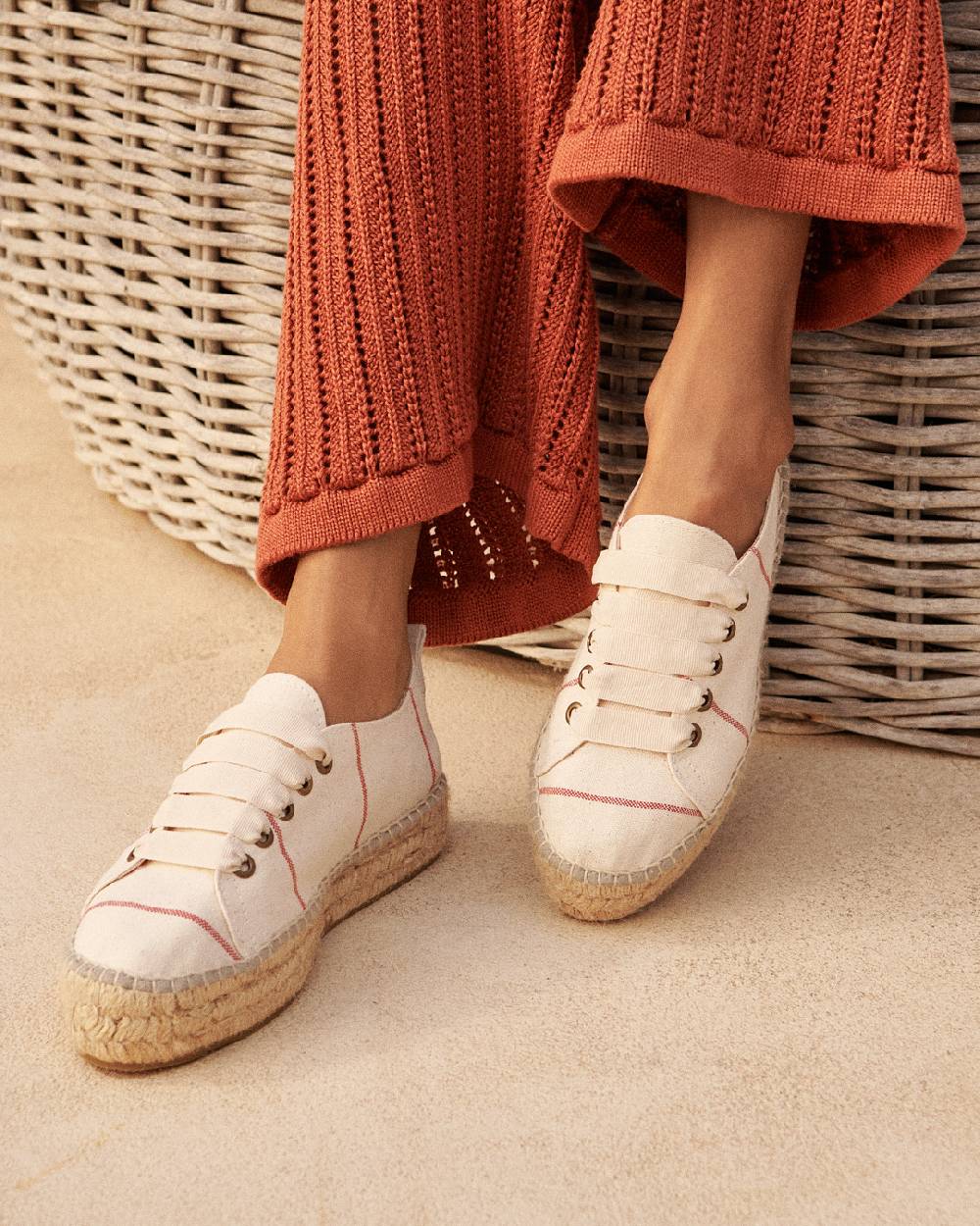 Manebí Woven Canvas|Lace-Up Espadrilles - Red Micro Stripes On Beige Consegna Veloce