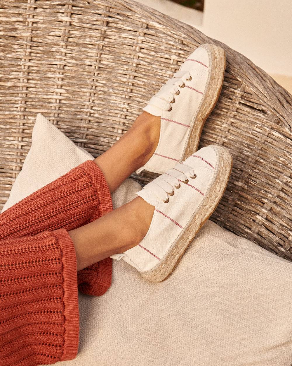 Manebí Woven Canvas|Lace-Up Espadrilles - Red Micro Stripes On Beige Consegna Veloce
