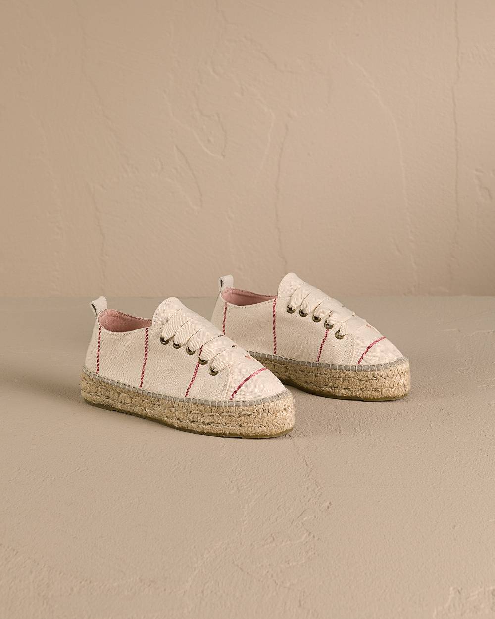 Manebí Woven Canvas|Lace-Up Espadrilles - Red Micro Stripes On Beige Consegna Veloce