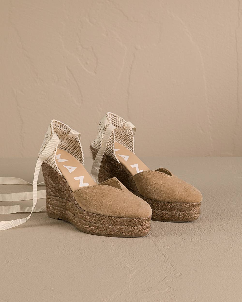 Manebí Soft Suede Heart-Shaped|Wedge Espadrilles - Hamptons Vintage Taupe On Tone In Vendita