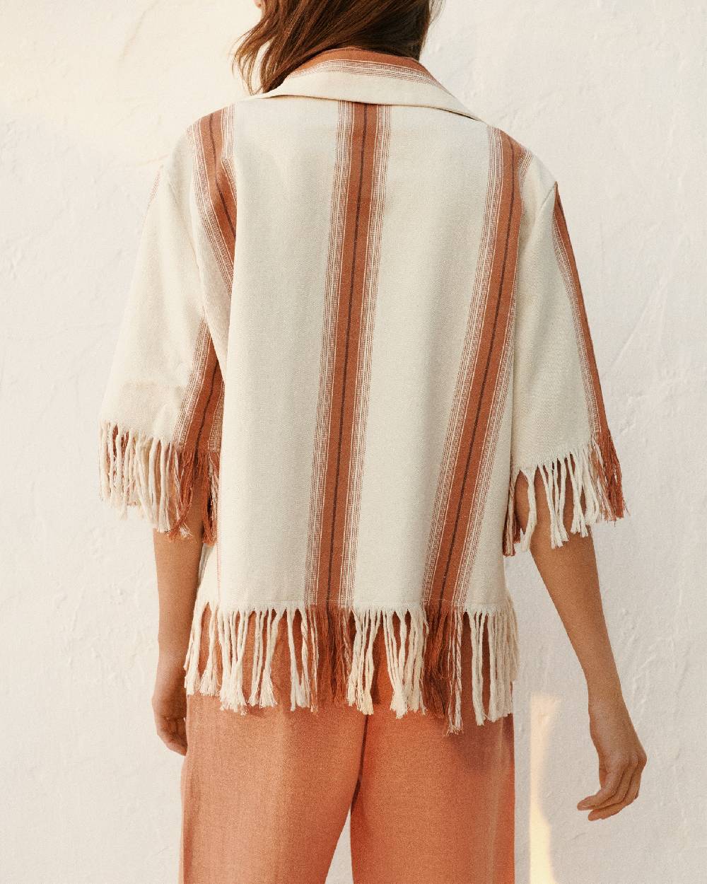 Manebí Cotton Silk Blend Cumana Shirt - Eggnog \u0026 Rust Stripes And Fringes Saldi