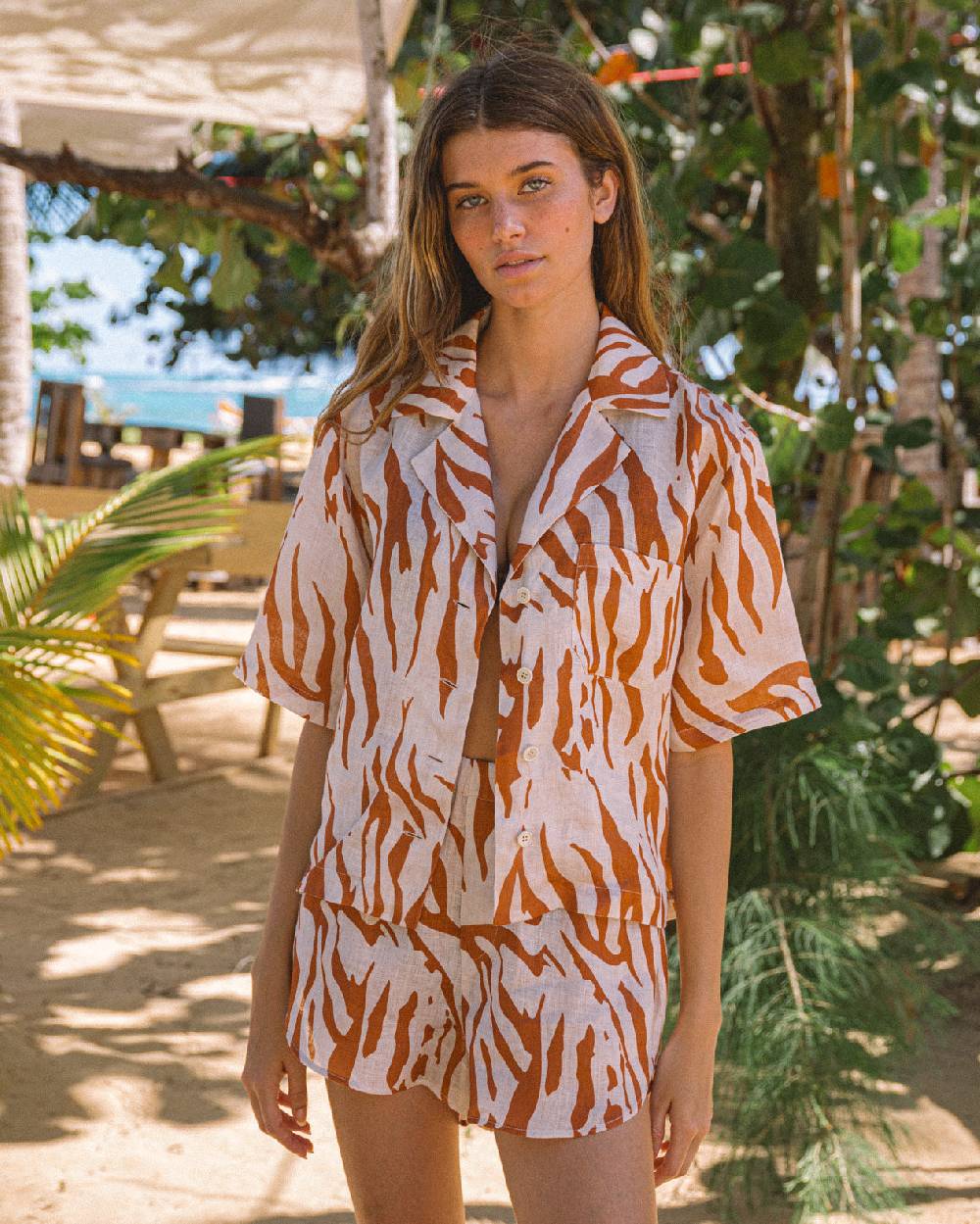 Manebí Printed Linen Cumana Shirt - Eggnog \u0026 Orange Rust Zebra 2025