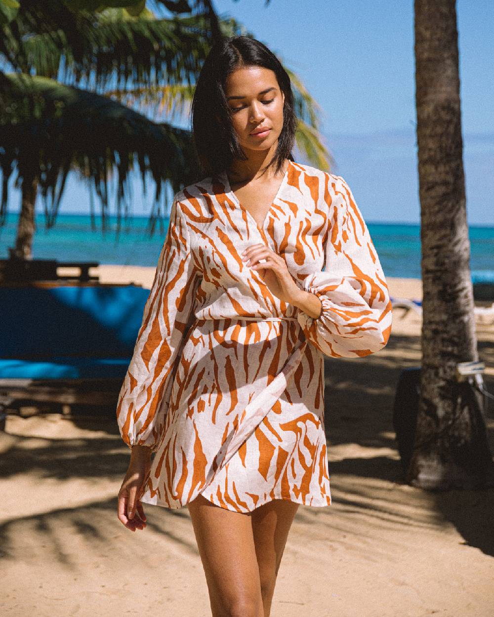 Manebí Printed Linen Caracas Dress - Eggnog \u0026 Orange Rust Zebra Vendita
