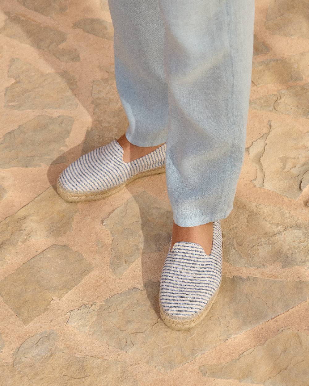 Manebí Recycled Cotton Canvas Espadrilles - Navy Blue Micro Stripes On Beige Presa