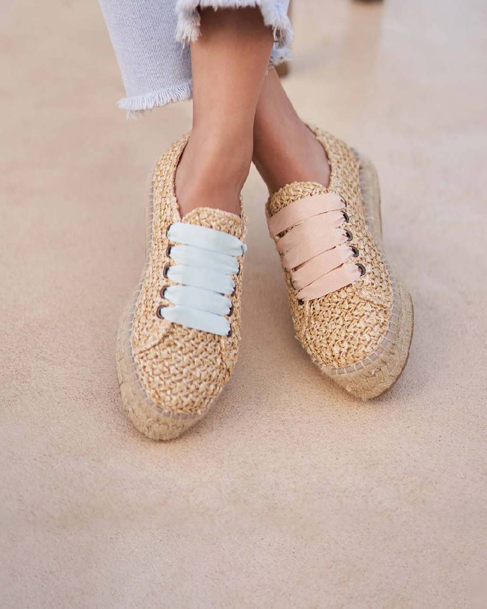 Manebí Raffia Lace-Up Espadrilles - Pink, Light Blue \u0026 Pastel Rose Laces Raffia Net Outlet
