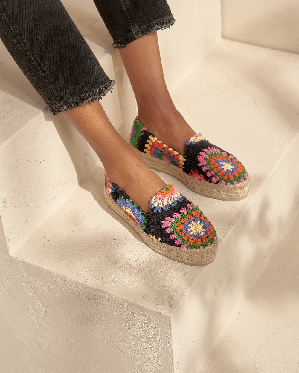 Manebí Cotton Crochet Double Sole Espadrilles - Yucatán Orange And Pink On Black Offerte