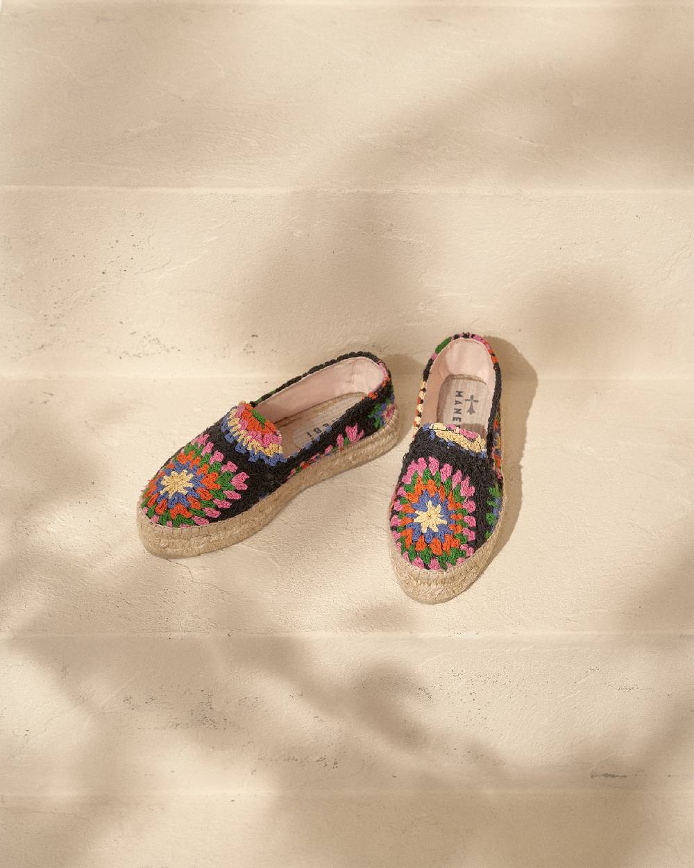Manebí Cotton Crochet Double Sole Espadrilles - Yucatán Orange And Pink On Black Offerte